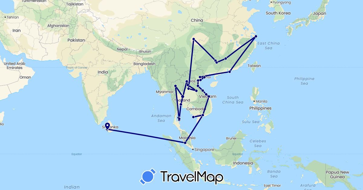 TravelMap itinerary: driving in China, Hong Kong, Laos, Sri Lanka, Malaysia, Thailand, Vietnam (Asia)